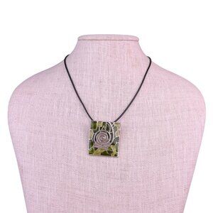 Barcelona Womens Black Leather Necklace With Green Enamel Silver Tone Pendant